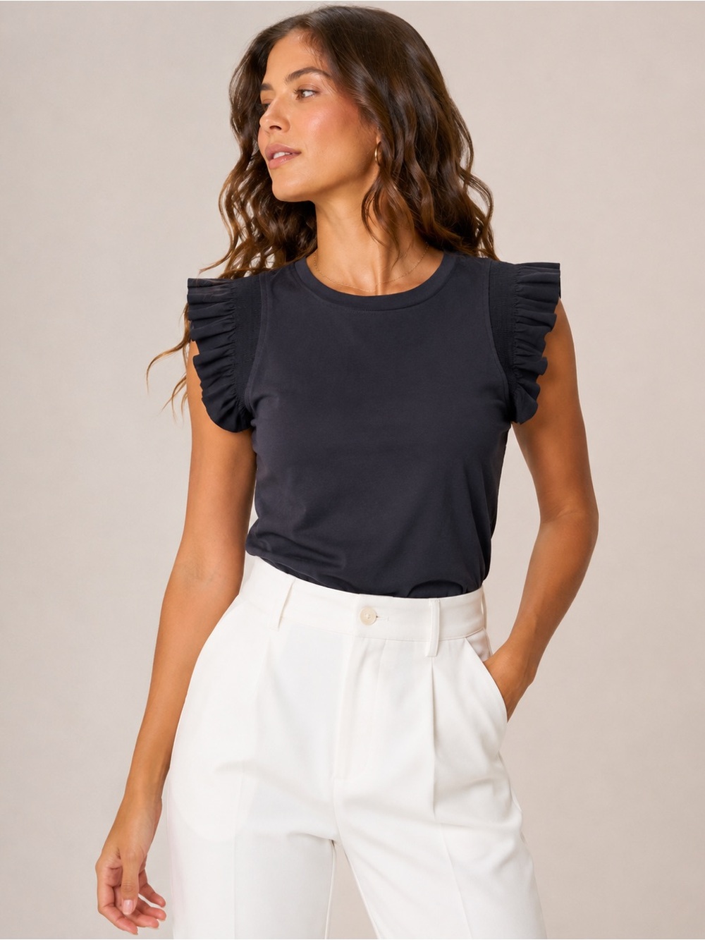 EVEREVE Navy/grey Smocked Flutter Sleeve Top XS